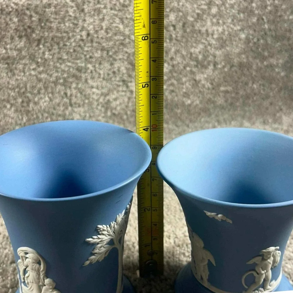 Wedgwood Jasperware Vases Blue White Neoclassical Trumpet Pair England